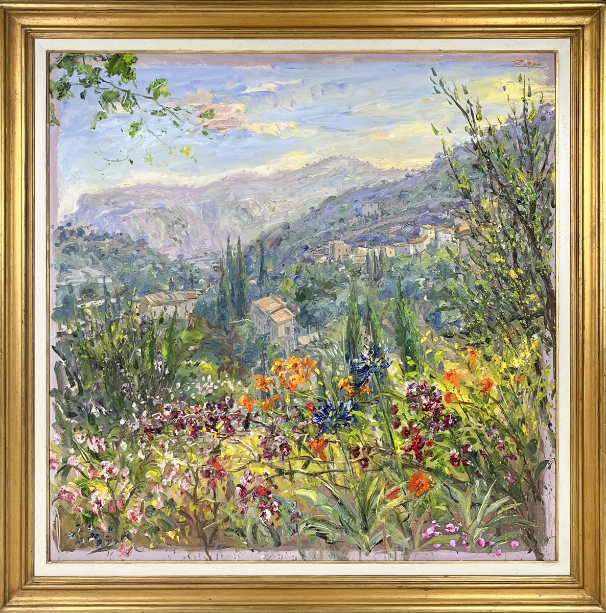Bruno ZupanWild Flowers, View to Palma, Mallorca, impressionitc landscape, field of flowers in foreground, houses and hills in distance, vibrant colors