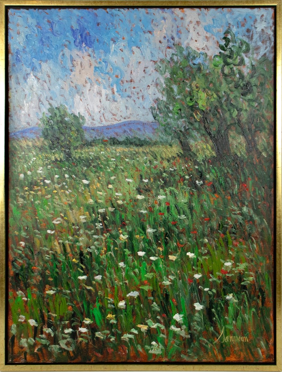 Samir Sammoun Spring, Le printemps, impressionistic landscape, white flowers in a green field, green trees blue sky