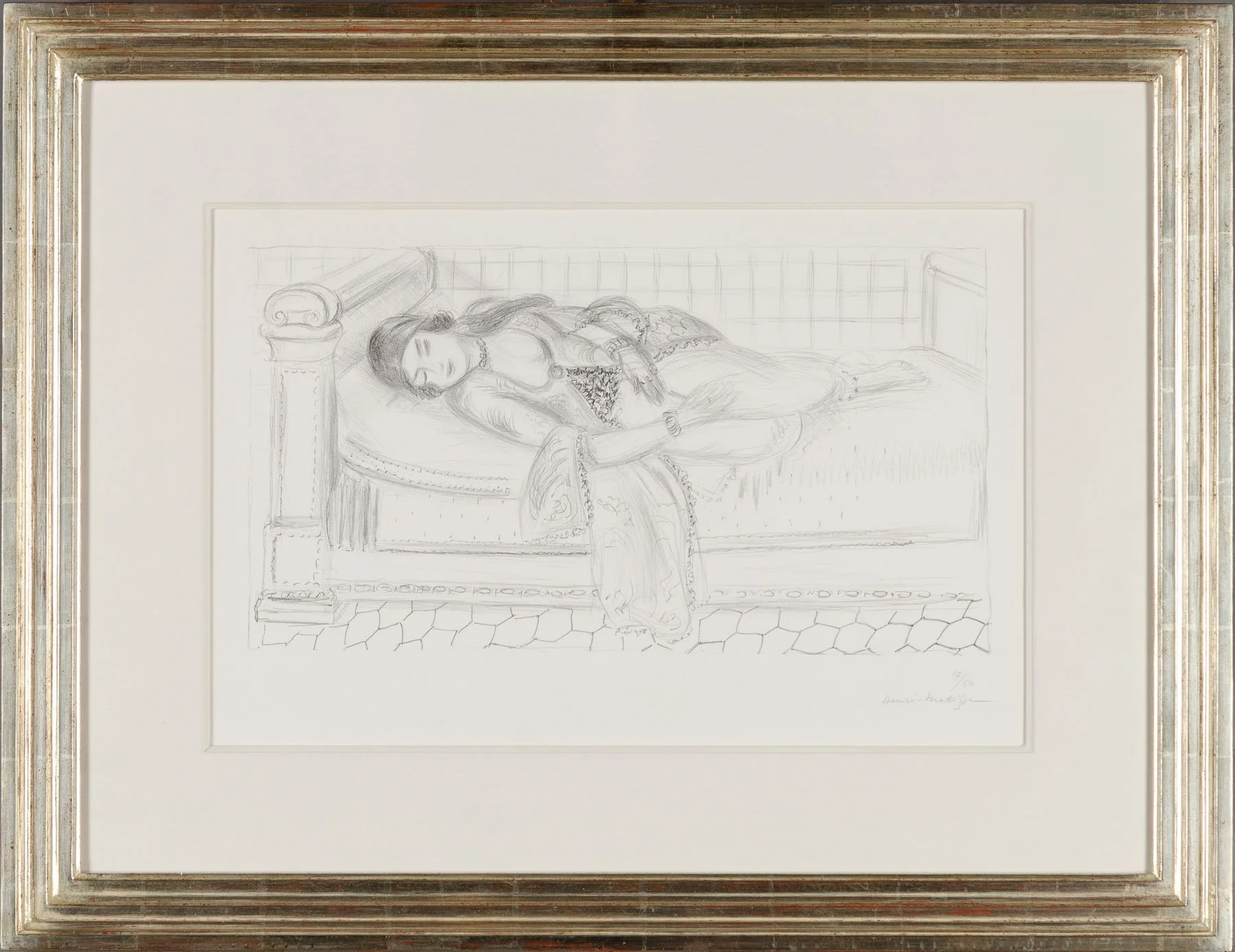 Matisse - Orientale sur lit de repos, sol de carreaux rouges - black and white lithograph of a woman sleeping on a daybed with tiled walls and floors