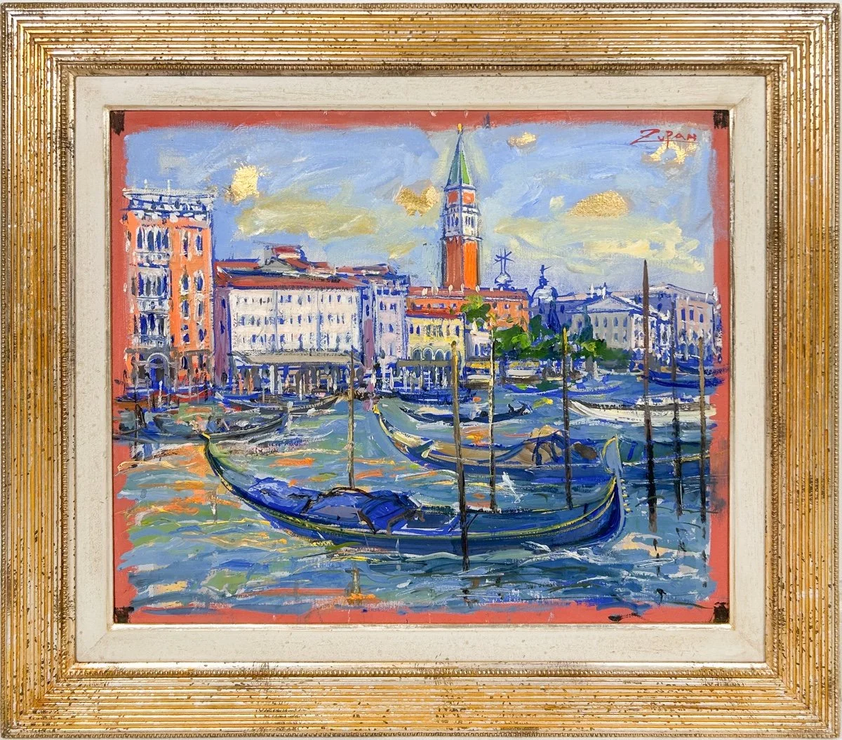Bruno Zupan - Two Gondolas on Grand Canal, Venice, impressionist oil painting of grand canal in Venice in daylight with docked gondalas