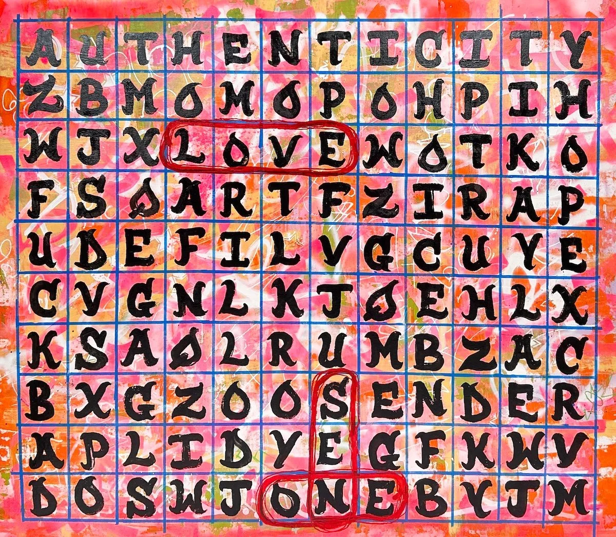 SEN-1 8th Wonder - Graffiti Stimulation, abstract graffiti painting of a crossword puzzle with words in theme with the artist
