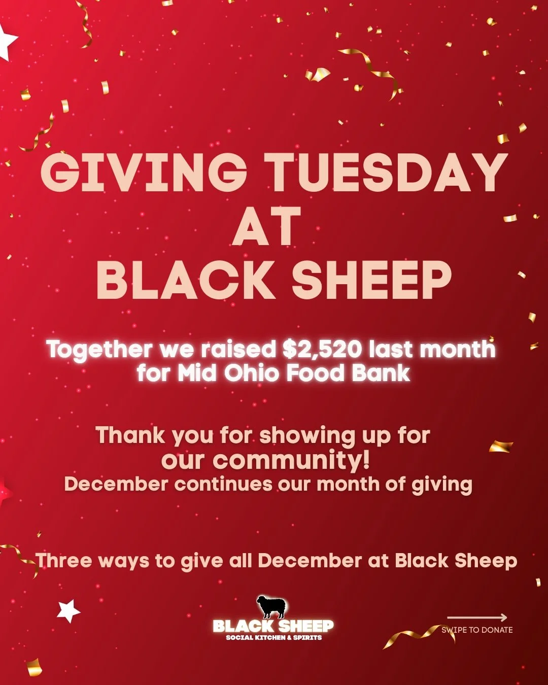 We are so proud to be part of a community that gives so willingly. A huge thanks goes out to our friends and guests who have contributed over $2,500 for @midohiofoodcollective last month. We will keep that rolling through December with some other way
