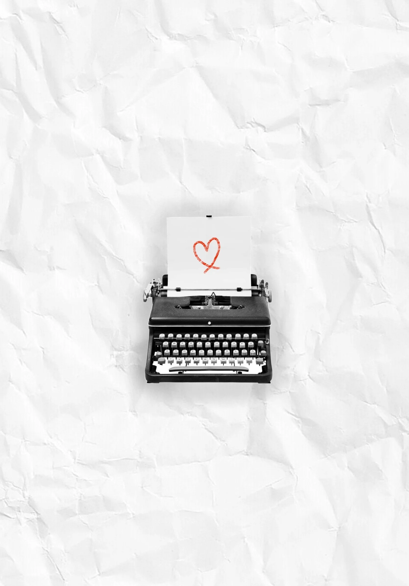 Vintage typewriter with a red heart note — micro realism tattoo design in black and grey by a tattoo artist in Vienna (Wien tattoo artist), minimalist fine-line vibe.