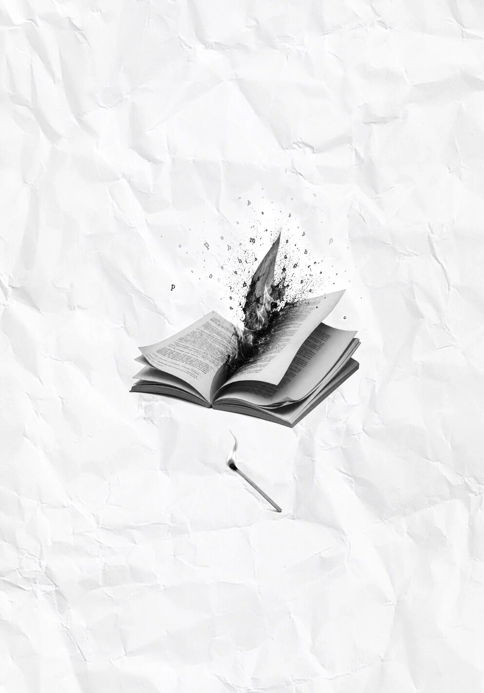 Micro realism tattoo project depicting an open book which pages appear to be burning or disintegrating, with black ink splatters and a long matchstick underneath.