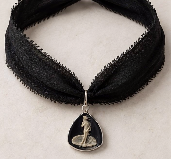 Venus Choker with black Habotai silk ribbon and sterling silver cameo pendant