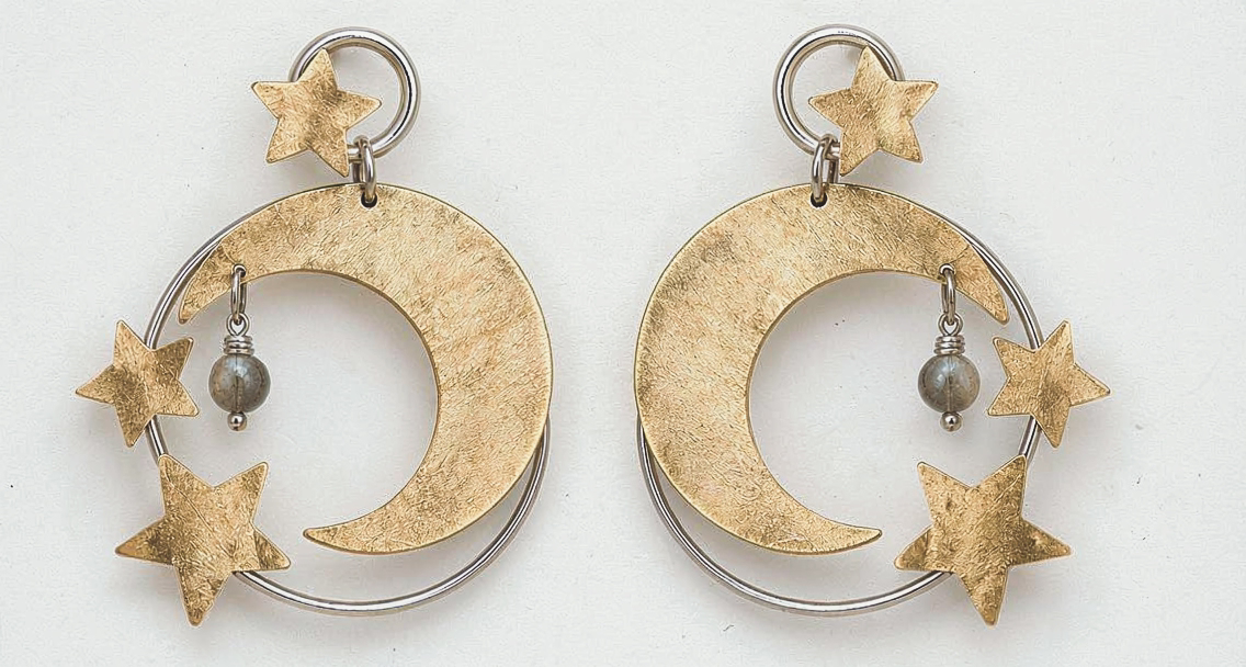 Pair of Devana brass crescent moon and star earrings with labradorite