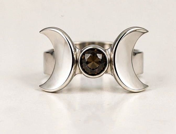 Front view of silver triple moon ring with dark center gemstone.png