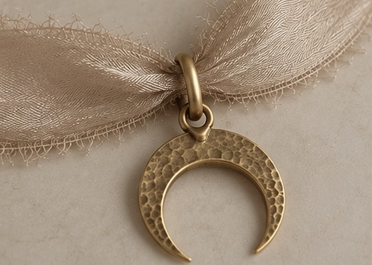 Close-up of hammered brass crescent moon pendant on vintage ribbon choker