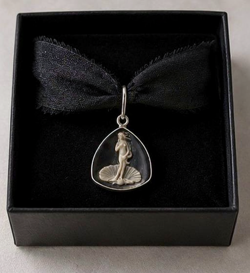 Handmade Venus black silk cameo choker displayed in jewelry box