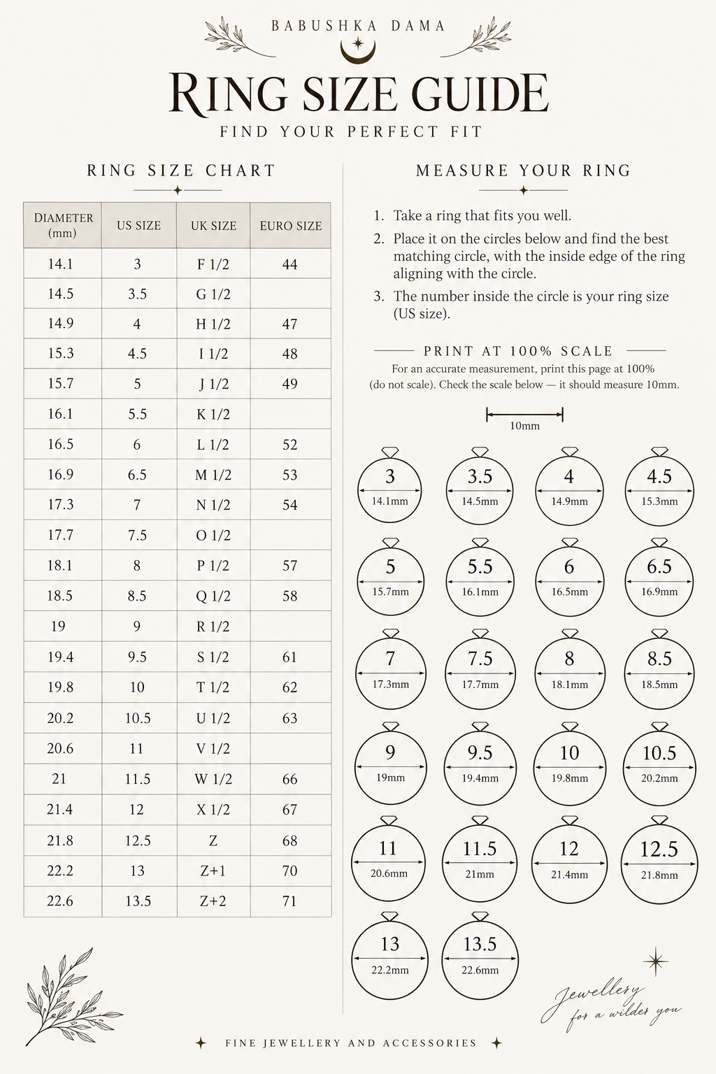 Babushka Dama ring size guide with US, UK and European ring measurements
