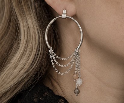 Zorya sterling silver hoop earrings with cascading chains and gemstone drops worn on ear