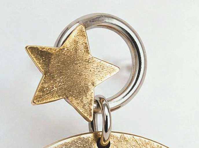 Close-up of textured brass star and Argentium silver detail on Devana Earrings