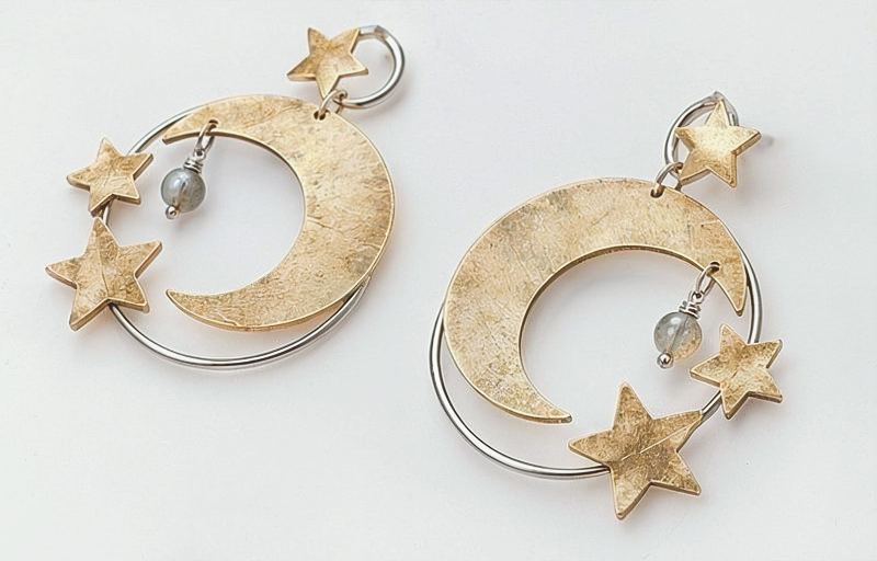 Devana celestial statement earrings with brass moons, stars and labradorite gemstones