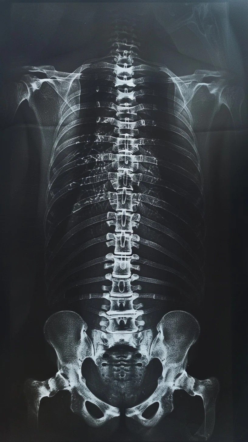 X-ray image of an entire spinal column, from neck to lower back