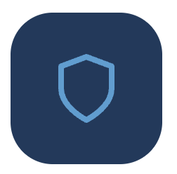 Blue shield icon on a dark blue rounded square background.