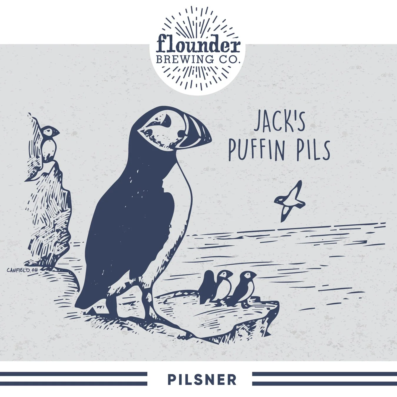 A drawing of a peregrine falcon and three smaller birds on a rock, with a flying bird in the background. The image includes a logo for Flounder Brewing Co. and text that reads "Jack's Puffin Pils" and "Pilsner."