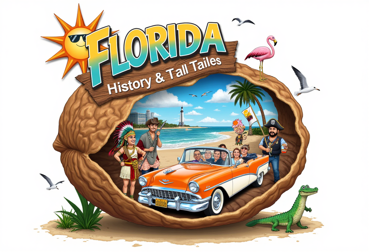 Colorful illustration showcasing Florida's history and culture, featuring a vintage convertible car, diverse characters in historical costumes, a palm tree, flamingo, alligator, beach scene with lighthouse, seagulls, and a bright sun wearing sunglasses, all framed within a large coconut shell.