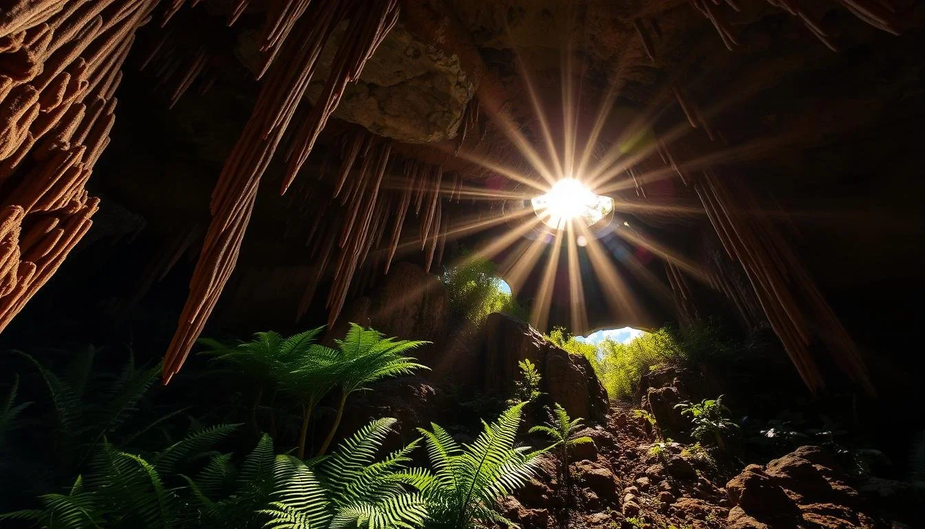 Sunlight shining through a cave opening, illuminating green fern plants and rock formations inside.