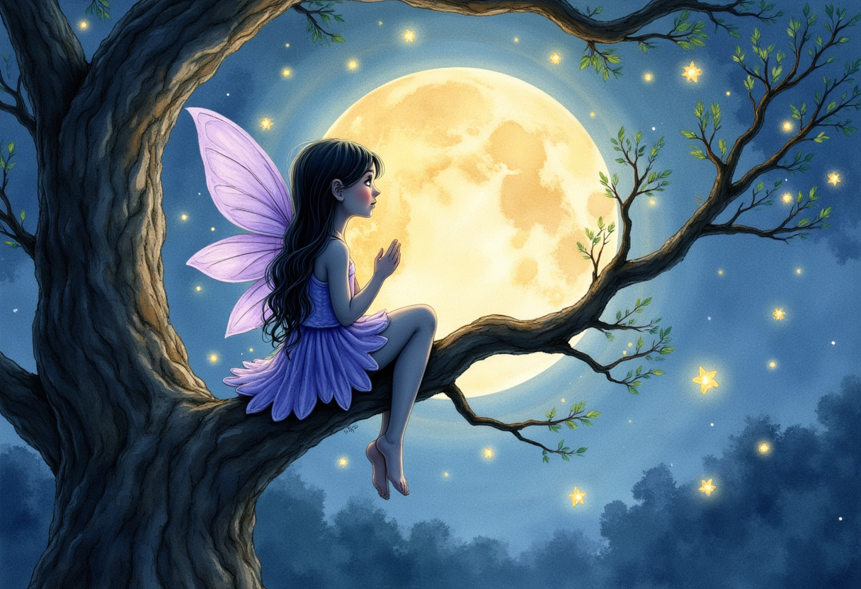 A fairy with purple wings and dress sitting on a tree branch, looking at the large full moon in the night sky, surrounded by glowing stars