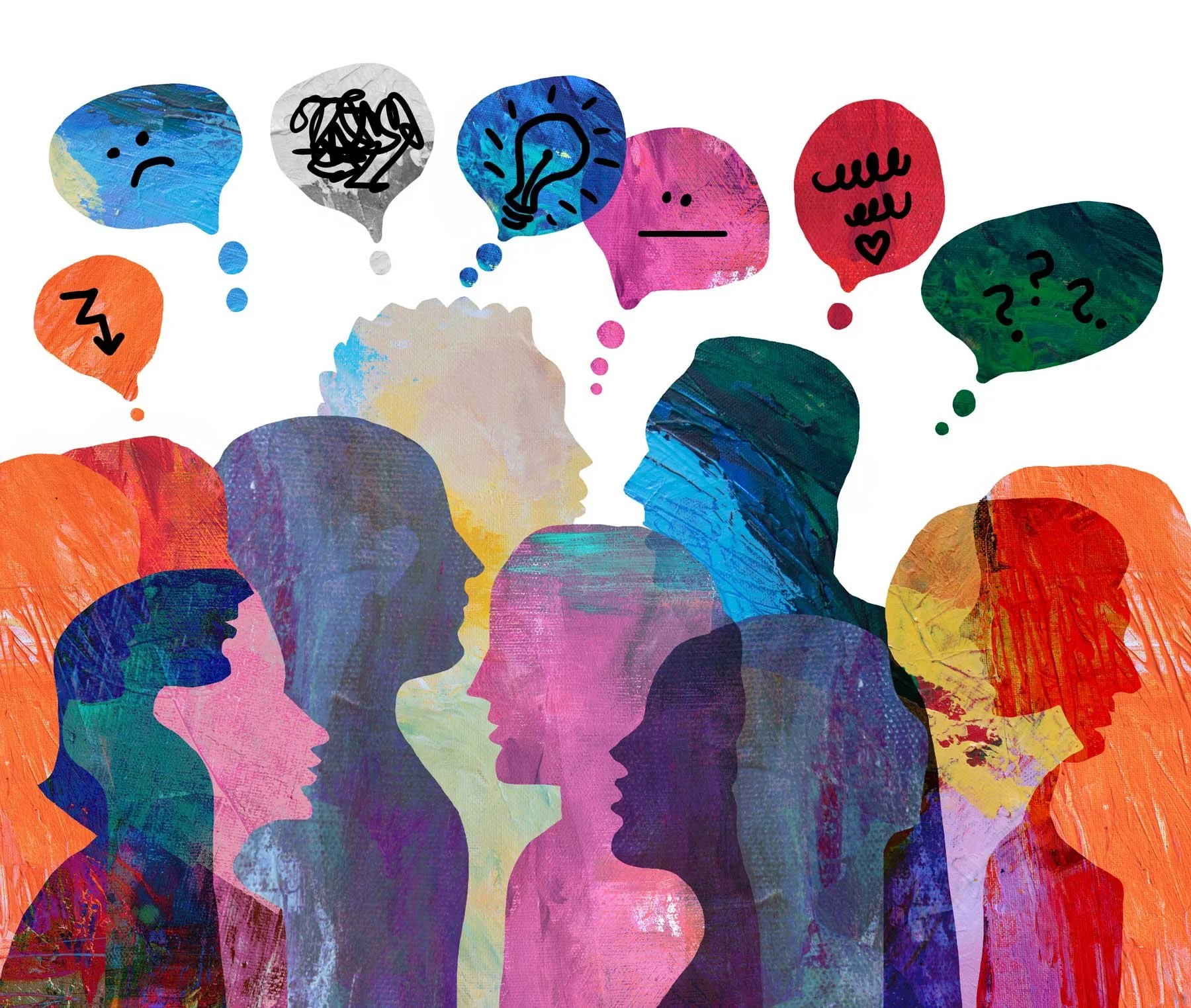 Multiple colorful silhouettes of human heads in profile, arranged in a layered pattern, with various thought bubbles containing symbols such as a sad face, scribbles, a light bulb, a neutral face, a heart, and question marks, on a white background.