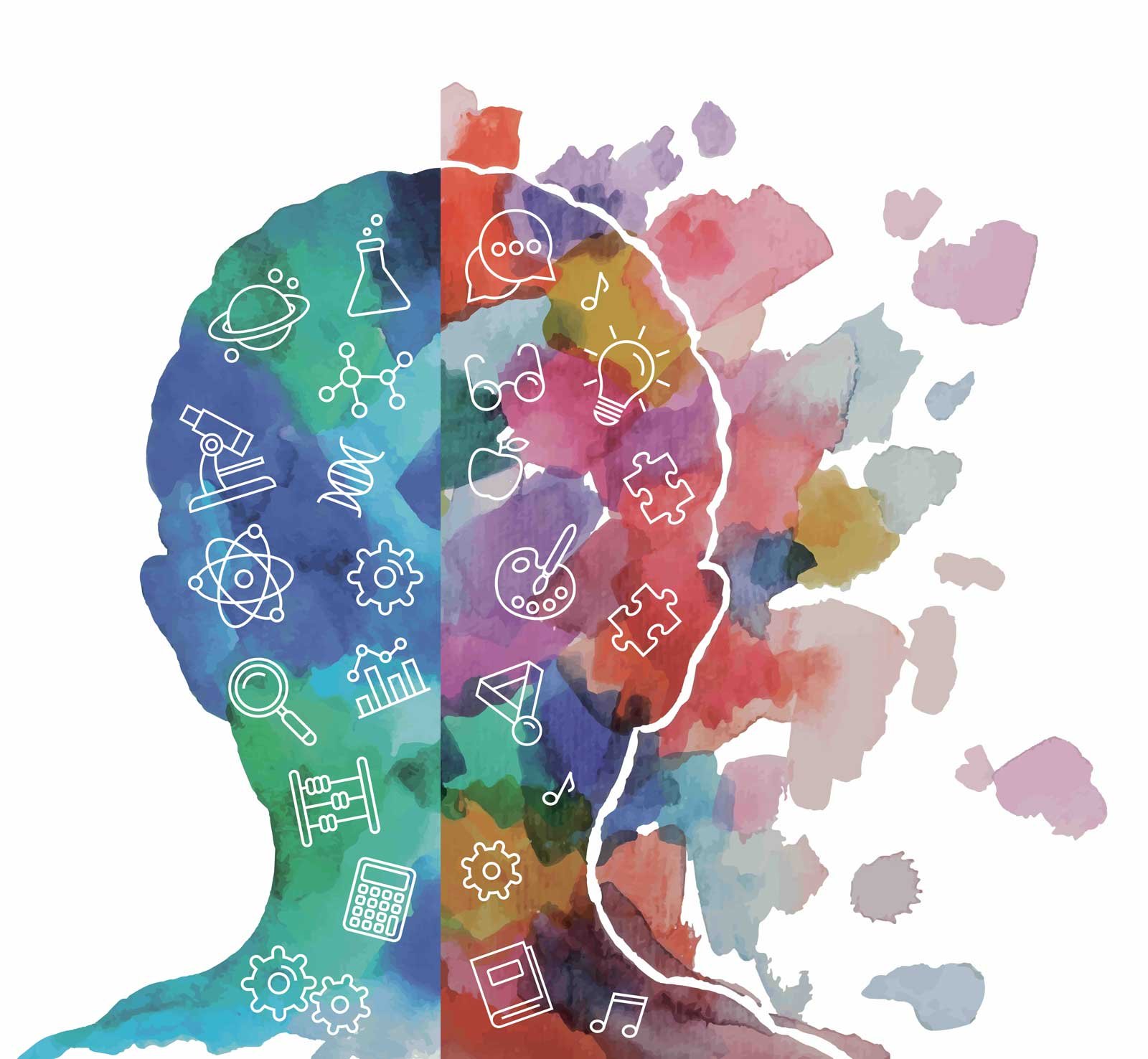 A colorful watercolor illustration of a human head in profile, filled with scientific and creative icons such as a microscope, DNA, gears, lightbulb, music notes, and a calculator.
