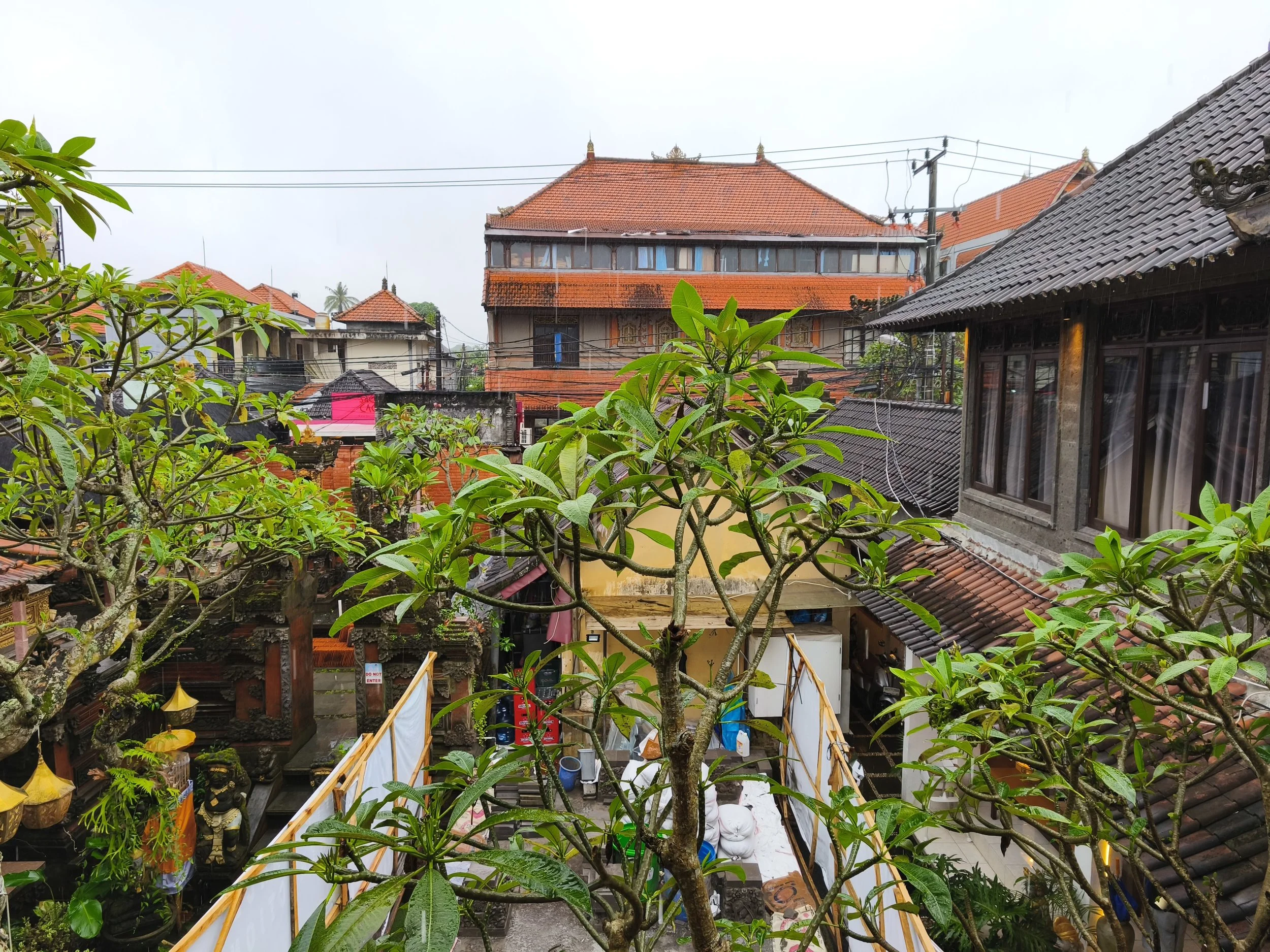 View of traditional houses with tiled roofs, a garden, and potted plants in a village setting on a cloudy day.