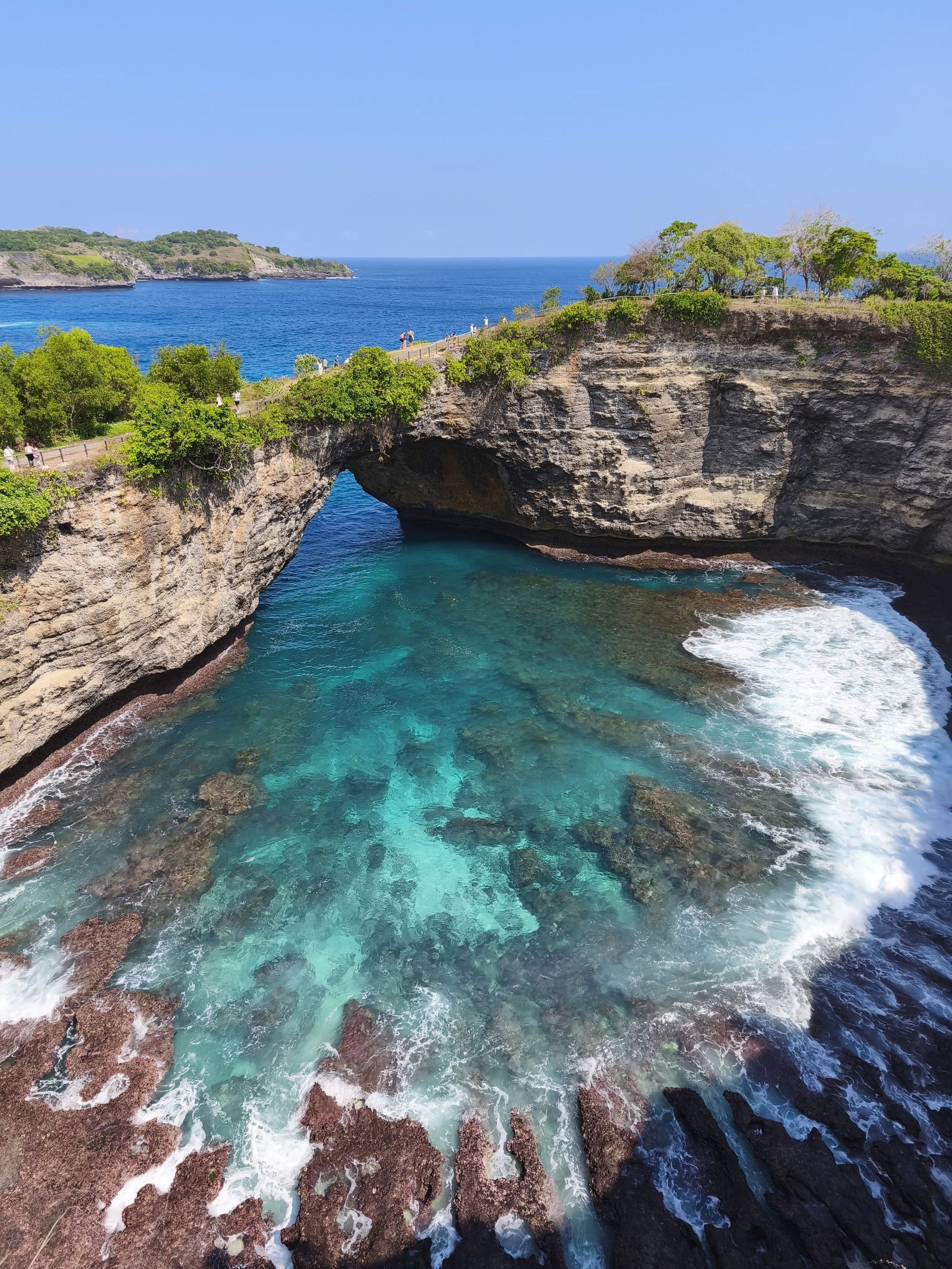 Natural rock formation with an arch over a turquoise ocean, with greenery and trees on top and a clear blue sky in the background.
