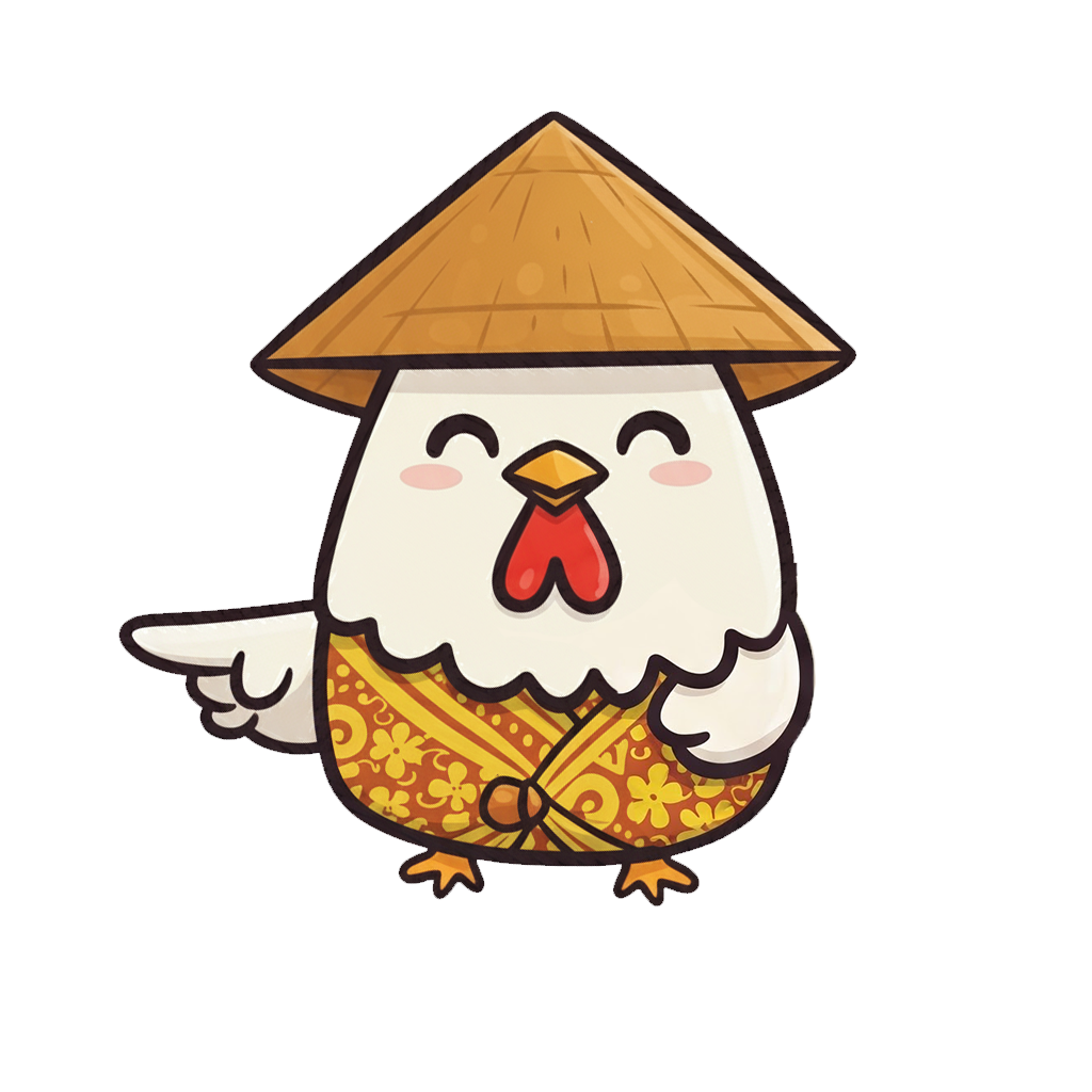 A cartoon chicken dressed in traditional Japanese attire, wearing a conical straw hat and a patterned yellow and red kimono, with a happy expression and pointing.