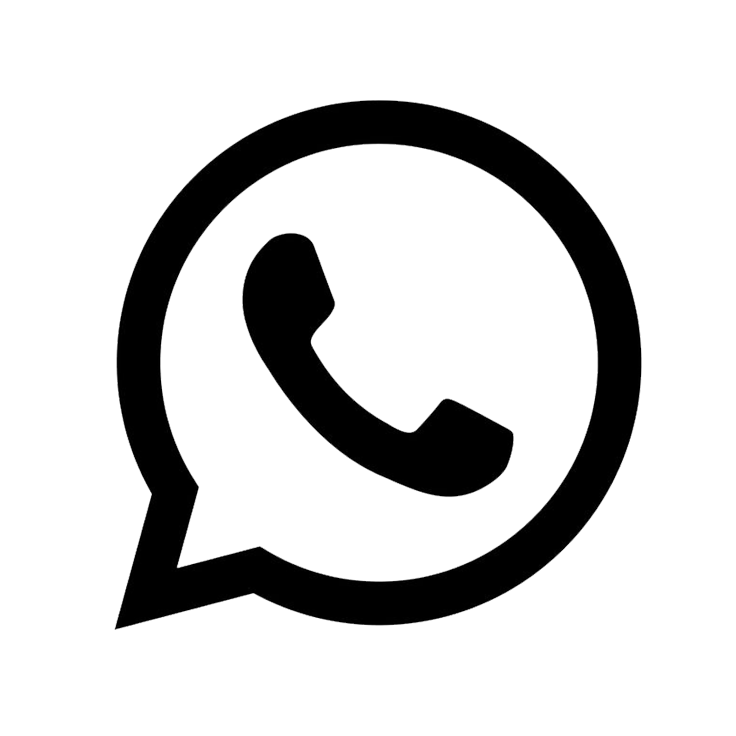 A black and white icon of the WhatsApp logo, featuring a speech bubble with a telephone receiver inside.