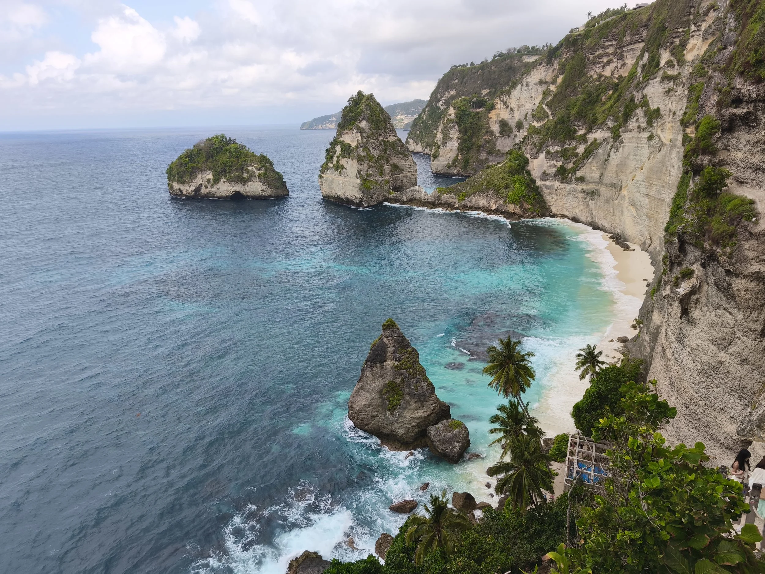 Coastal scene with tall cliffs, rocky outcroppings, turquoise water, and a sandy beach lined with palm trees.