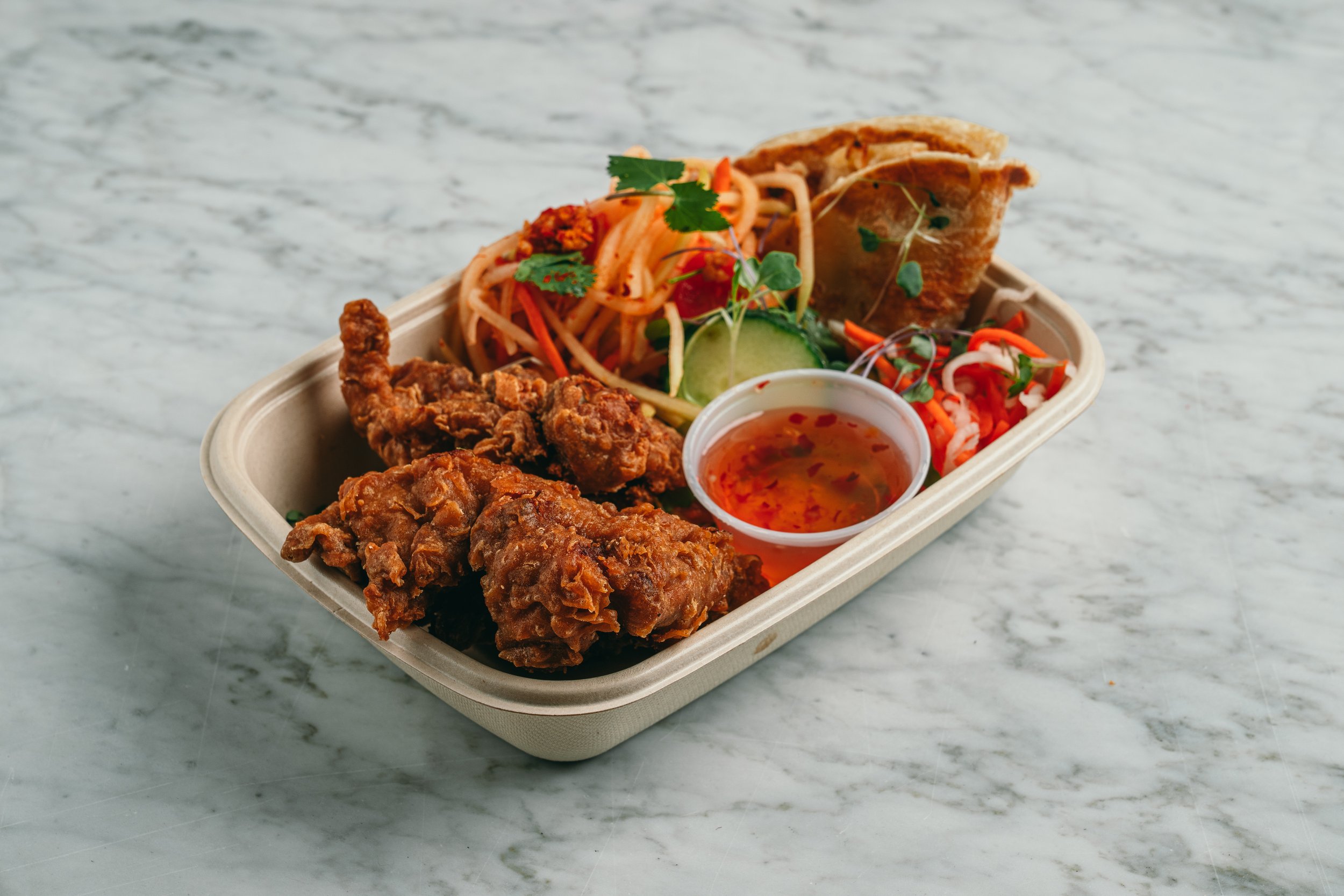 2 Piece Hat Yai Chicken with Roti and Papaya Salad
