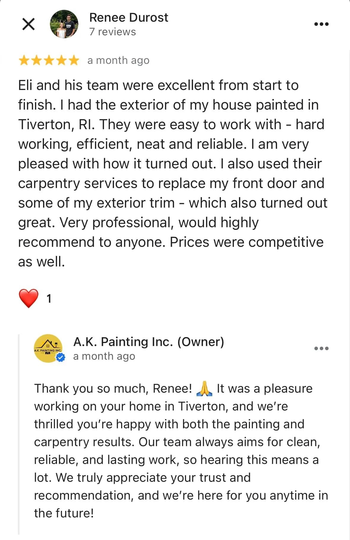 5-star Google review for A.K. Painting Inc. from a Tiverton, RI customer praising the painting work, professionalism, and competitive pricing