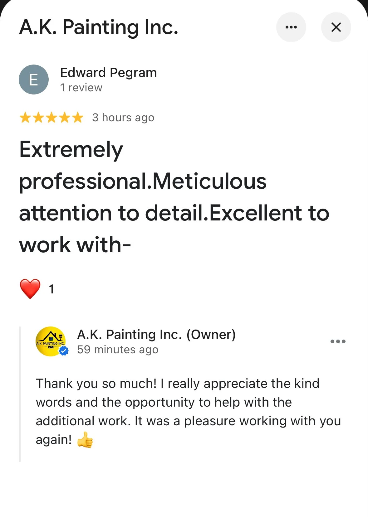 5-star Google review for A.K. Painting Inc. praising professionalism, attention to detail, and quality painting work