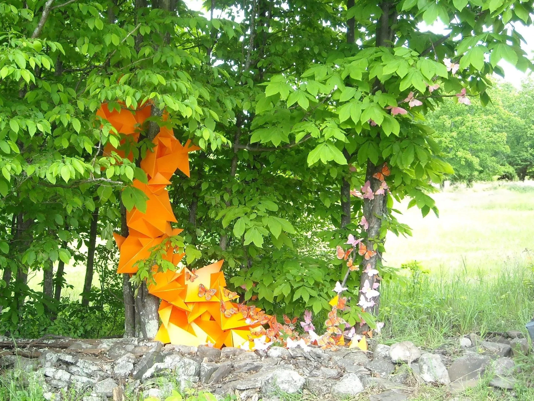  Flight 1 , 2012, vinyl and paper butterflies, approximately 5 x 2 x 7 ft., Shandaken, NY