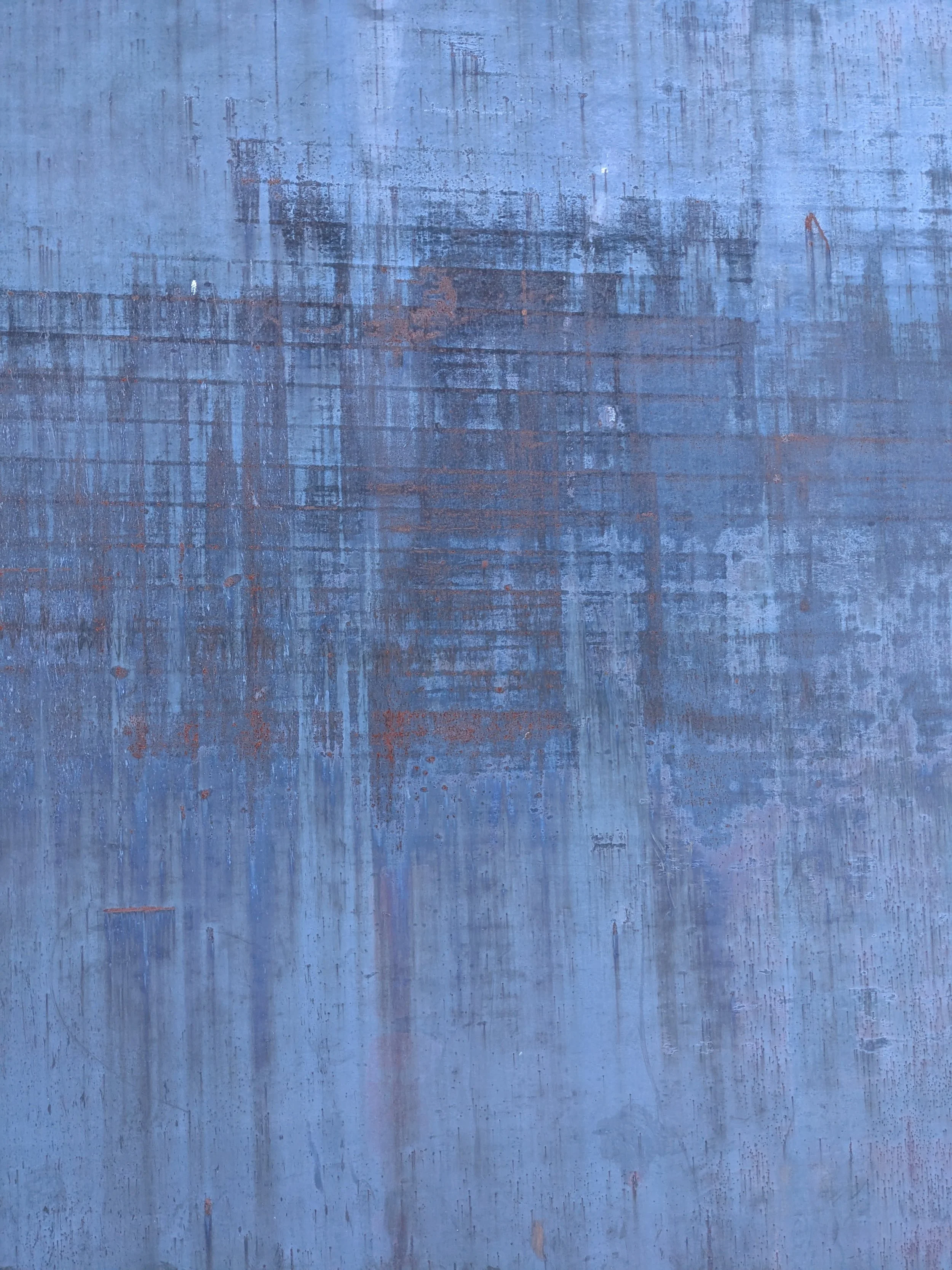 An abstract painting with a dominant blue color and visible brushstrokes and textures.