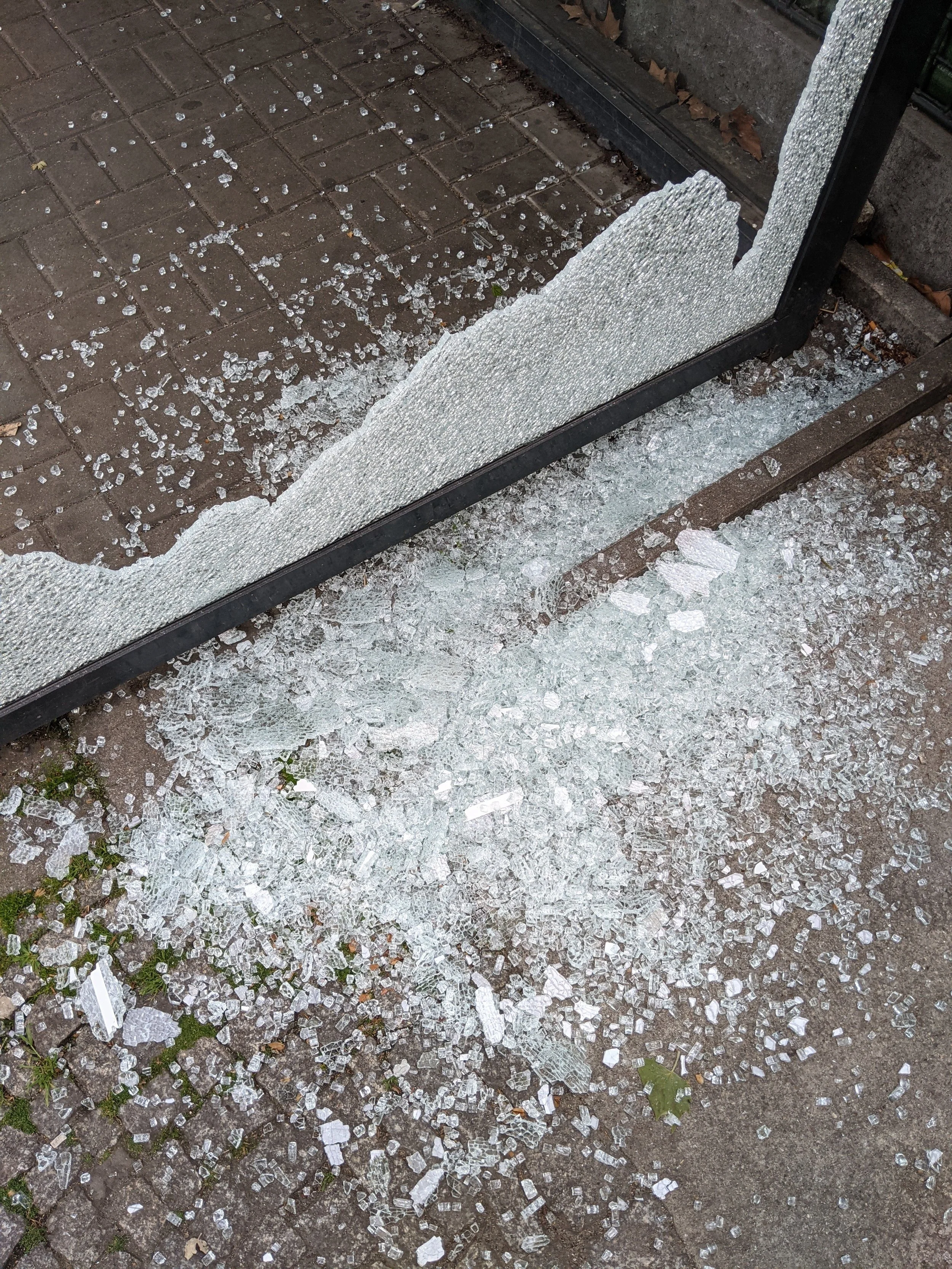 Broken glass scattered across a ground with bricks and some leaves. A mirror or glass panel with shattered edges is leaning against a wall.