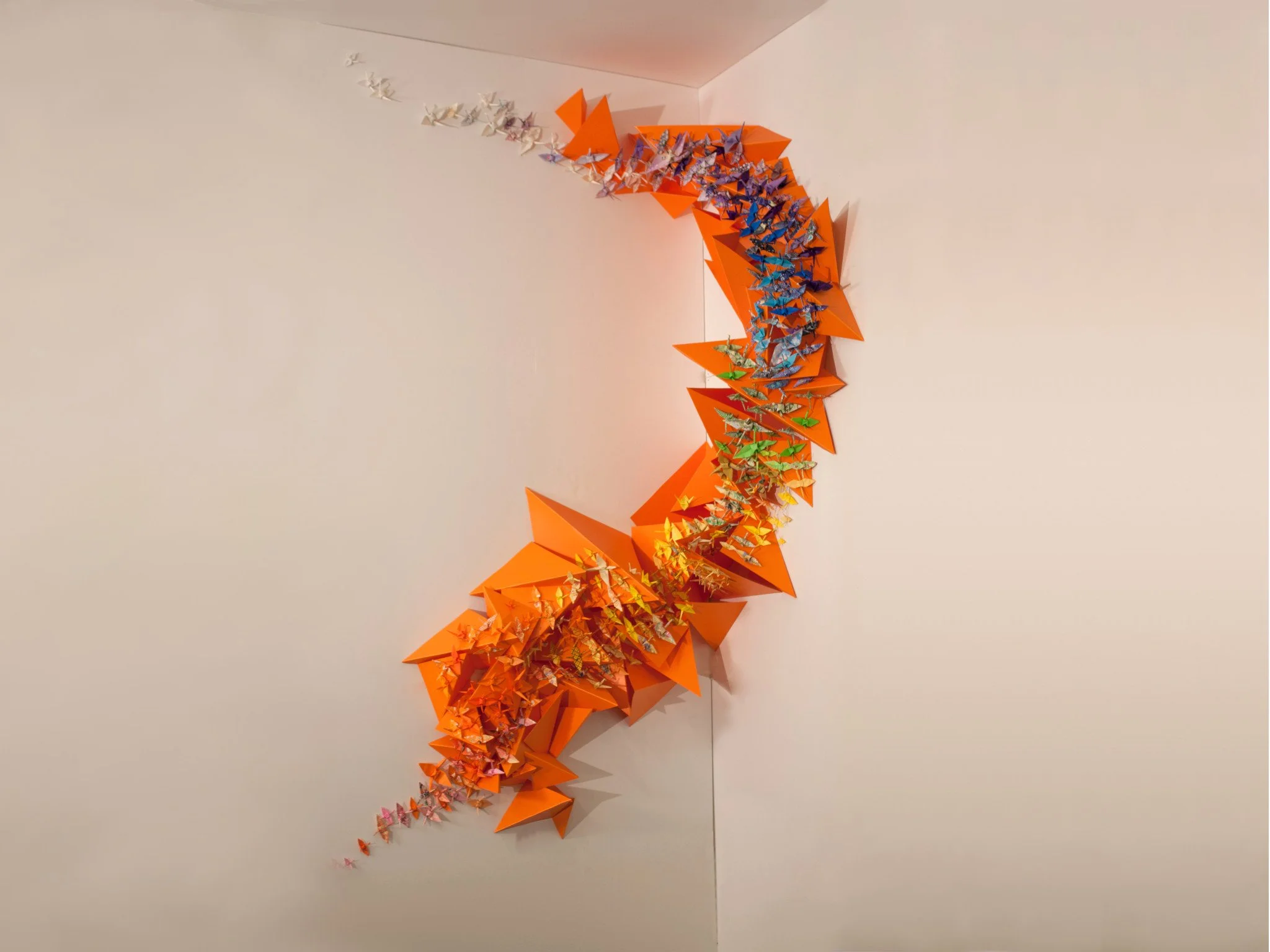  Flight 2 , 2013, vinyl and paper origami cranes, approximately 3.5 x .5 x 5 ft., Brooklyn, NY
