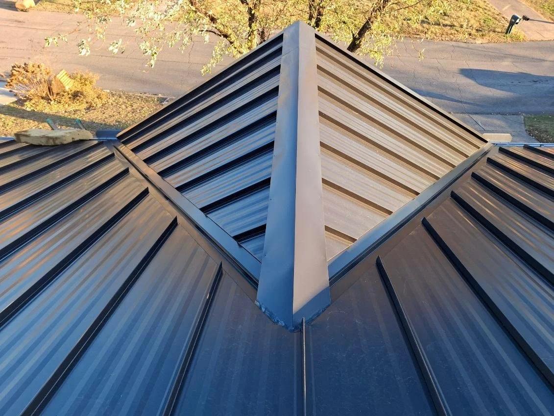 A close-up view of a metal roof with a central vent or chimney on a building, with a street and trees visible in the background.