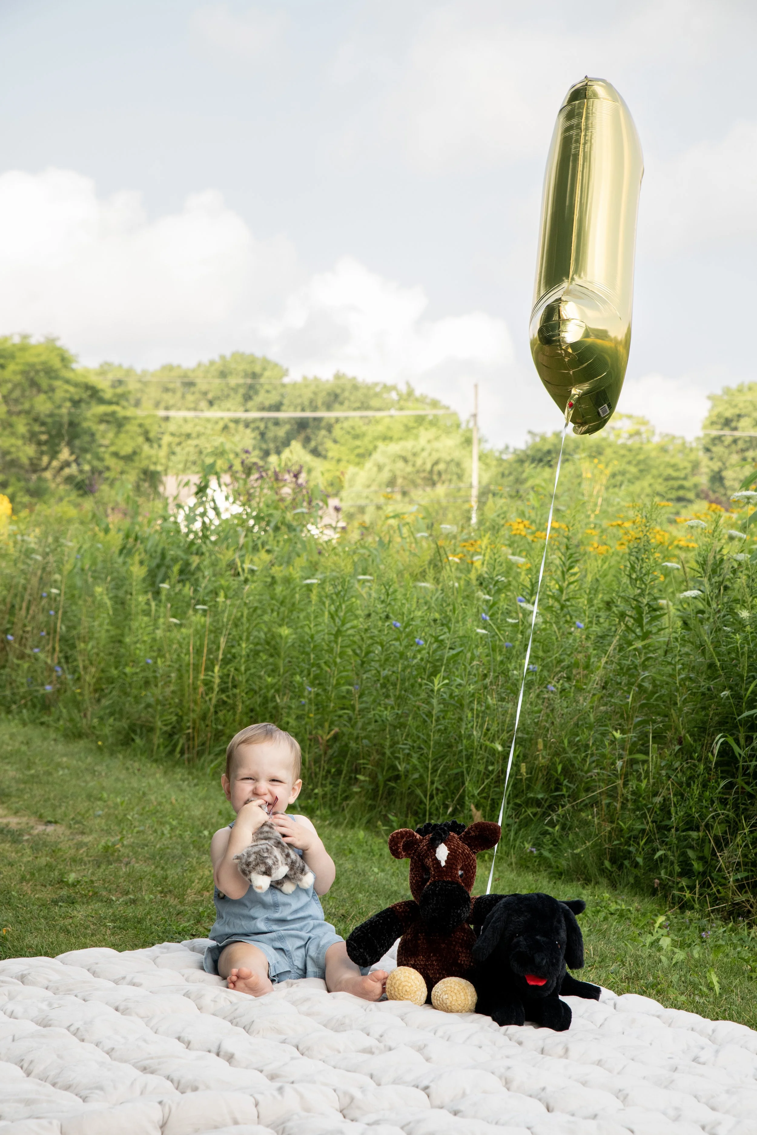 A young boy sitting on a white quilted blanket outdoors, holding a stuffed animal, with several other stuffed animals around him, in front of a lush green background with trees and a flower garden, under a partly cloudy sky, during daytime.