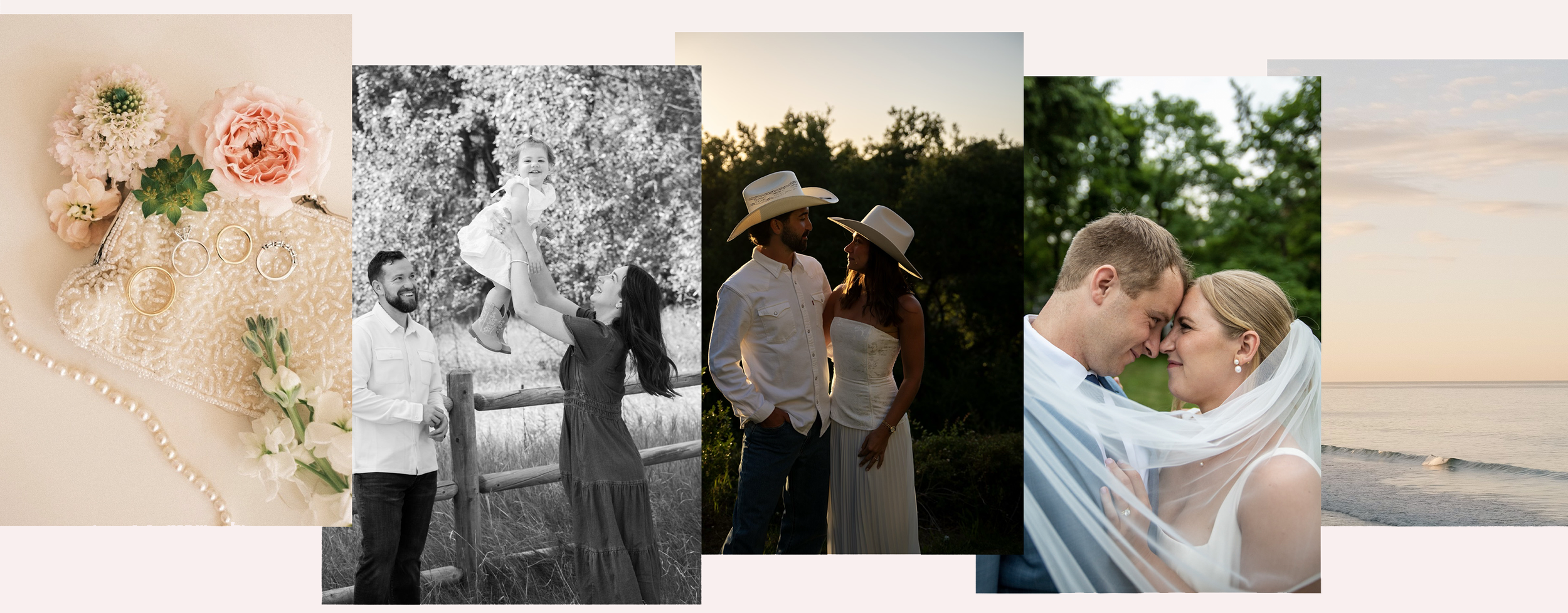 Collage of wedding photos including jewelry, flowers, a couple with a child outdoors, a couple in cowboy hats, and a bride and groom at the beach