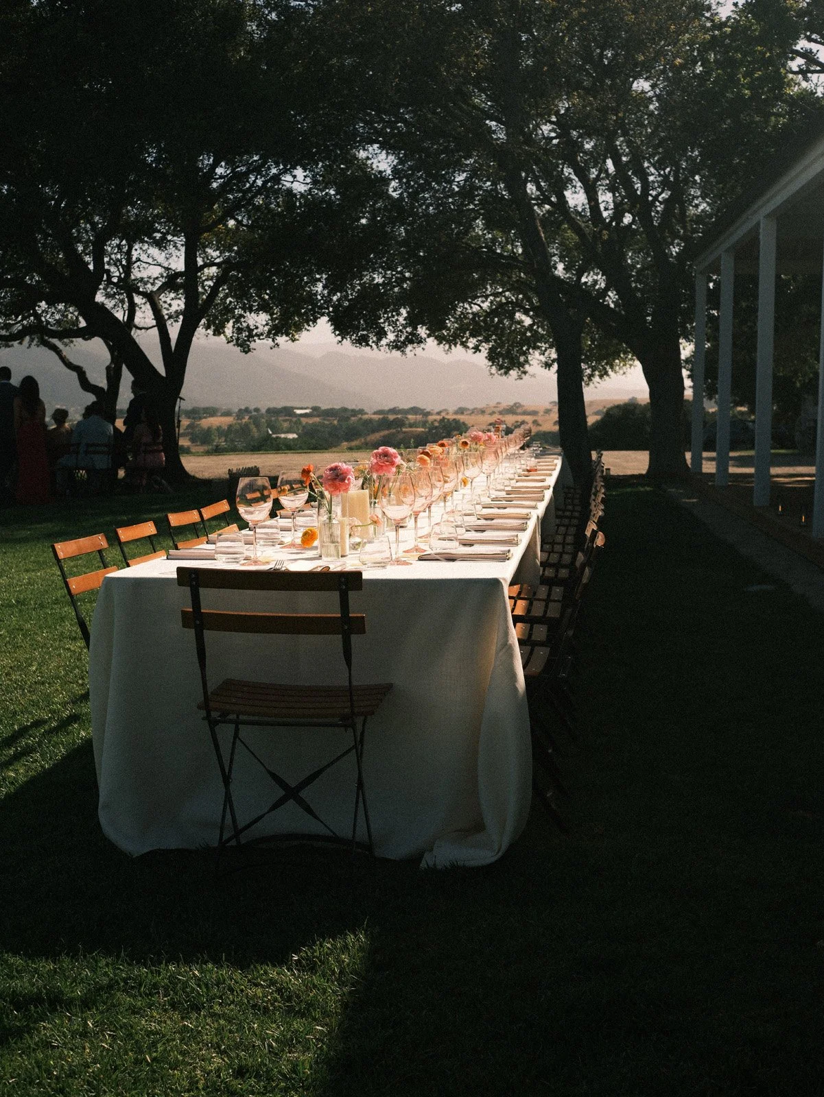 An elegant outdoor dinner table decorated with pink flowers, set with wine glasses and cutlery, under large trees with a scenic view of hills and mountains, during sunset.