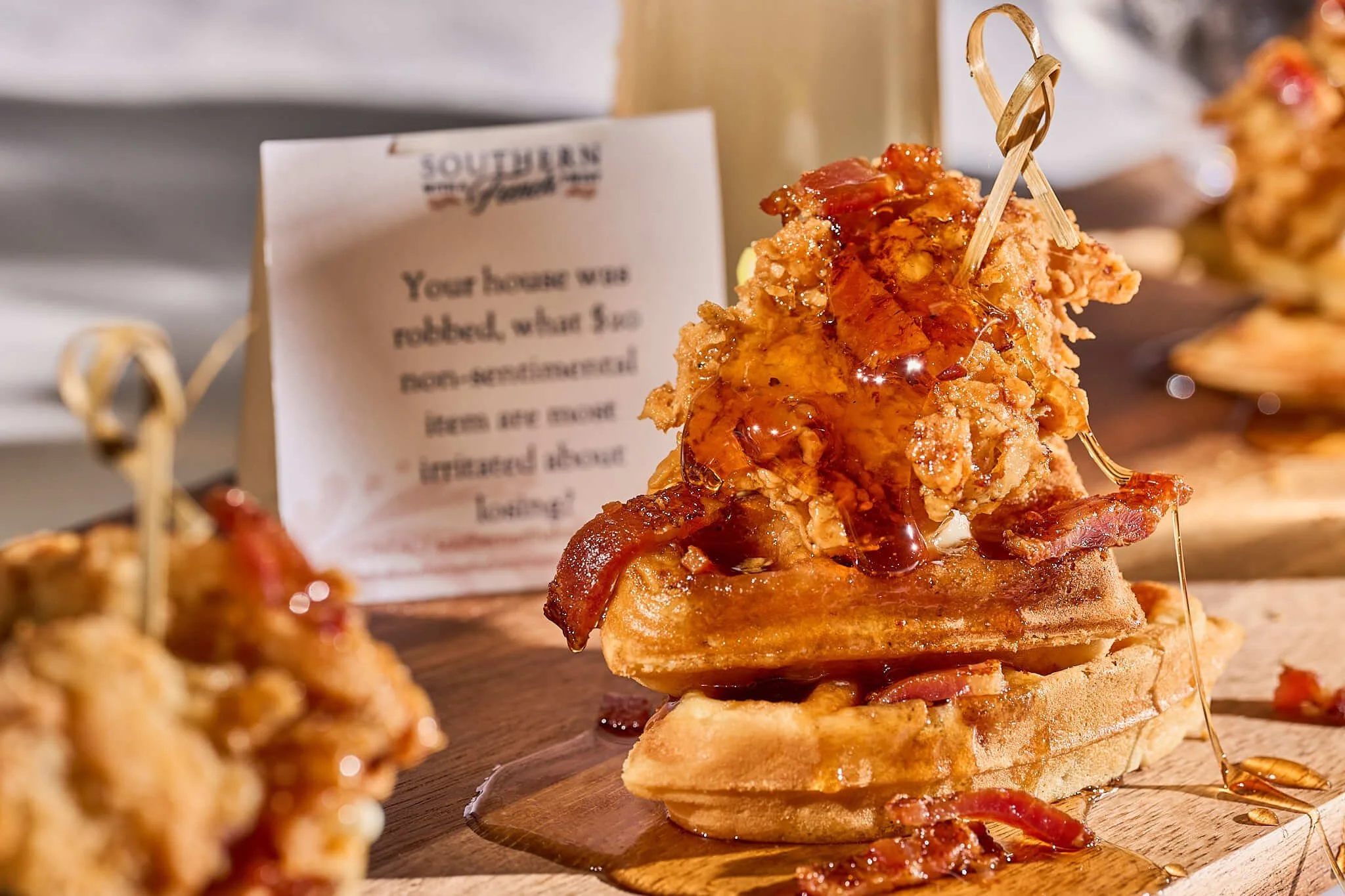 chicken and waffles elegantly plated by private chef for brunch in austin texas