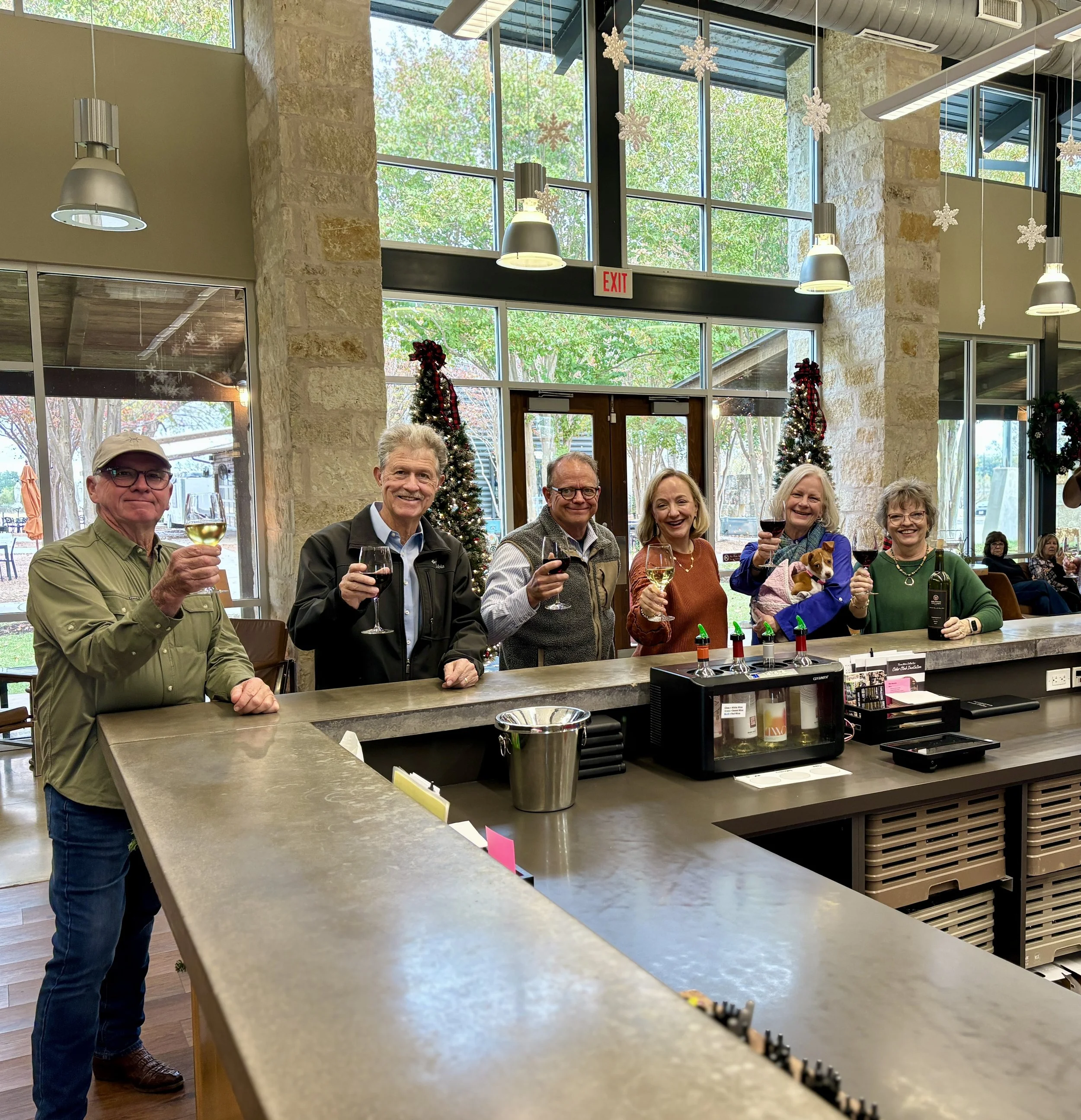 Six adults standing behind a bar counter, raising glasses of wine for a toast, with Christmas trees and holiday decorations in the background.