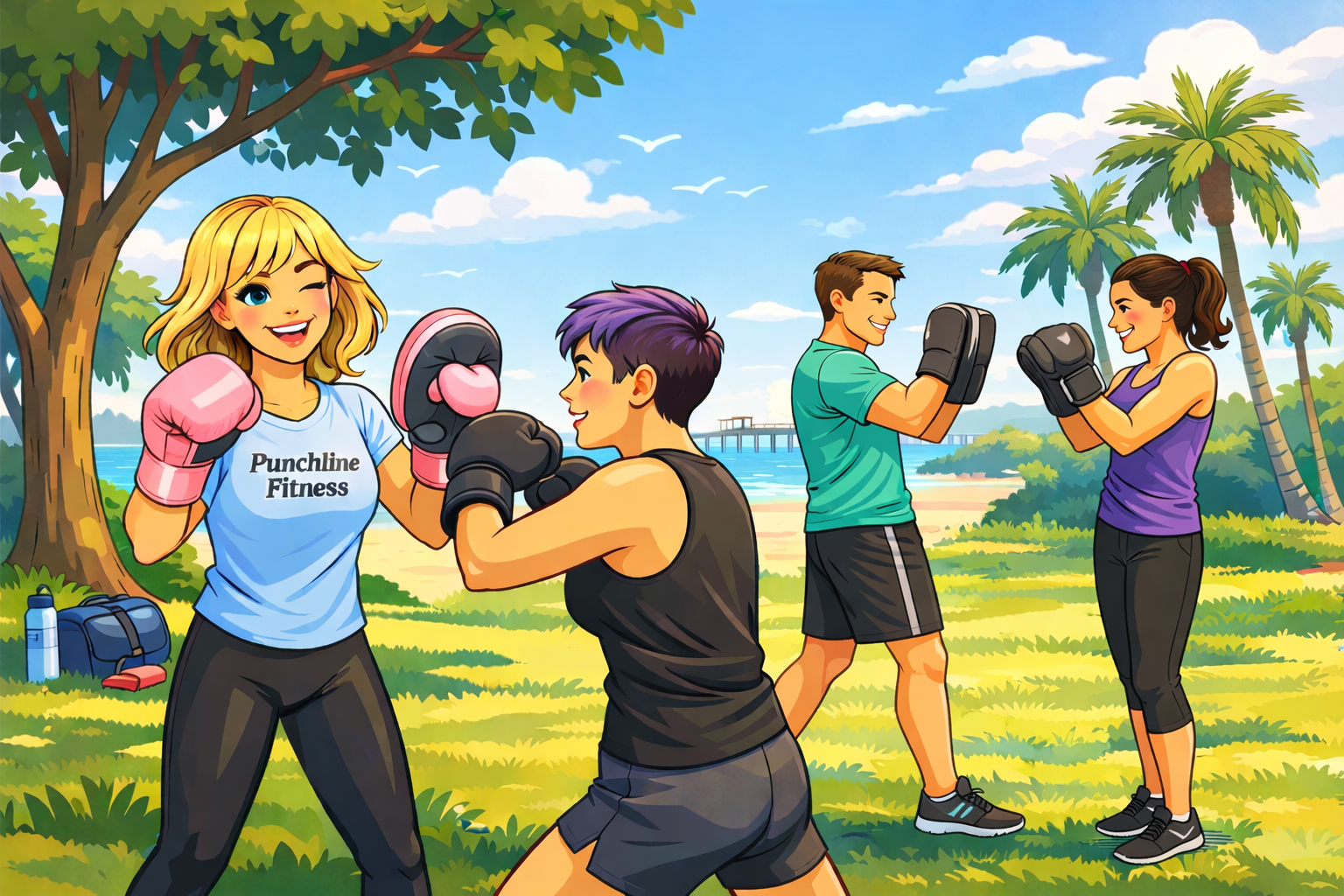 Small-group boxing fitness training outdoors in Long Beach with Punchline Fitness