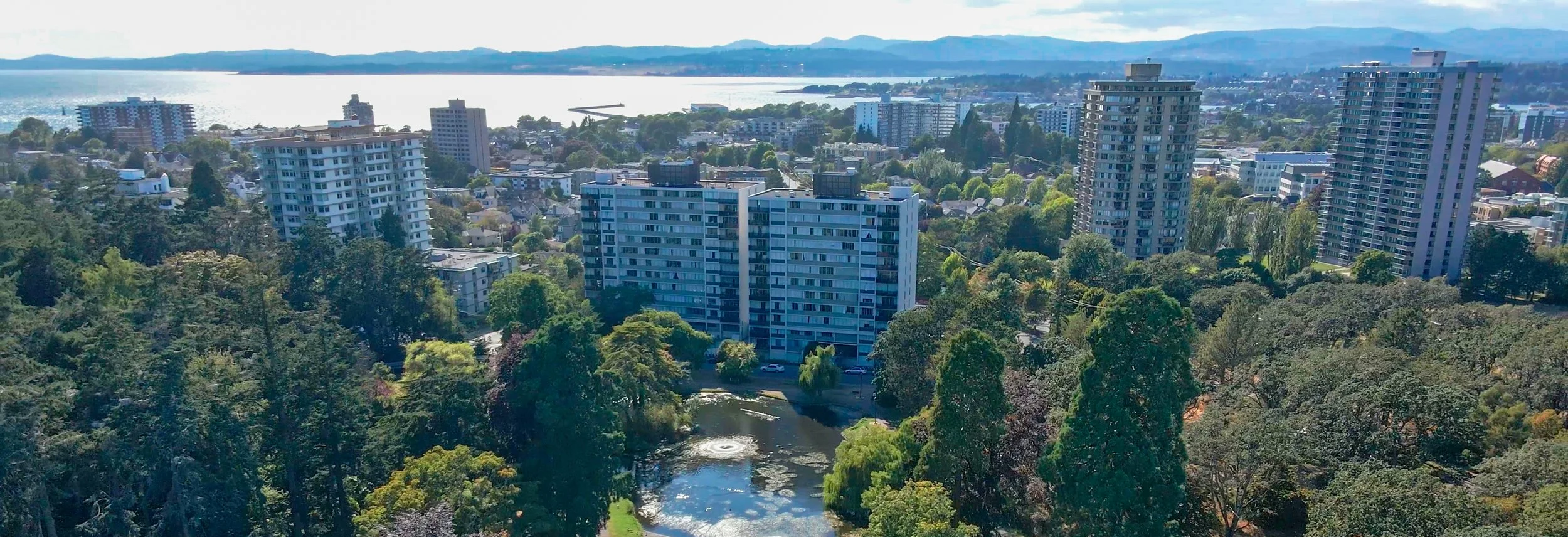 Aerial view of a cityscape with tall modern buildings, green trees, a river, and a distant body of water with mountains in the background.