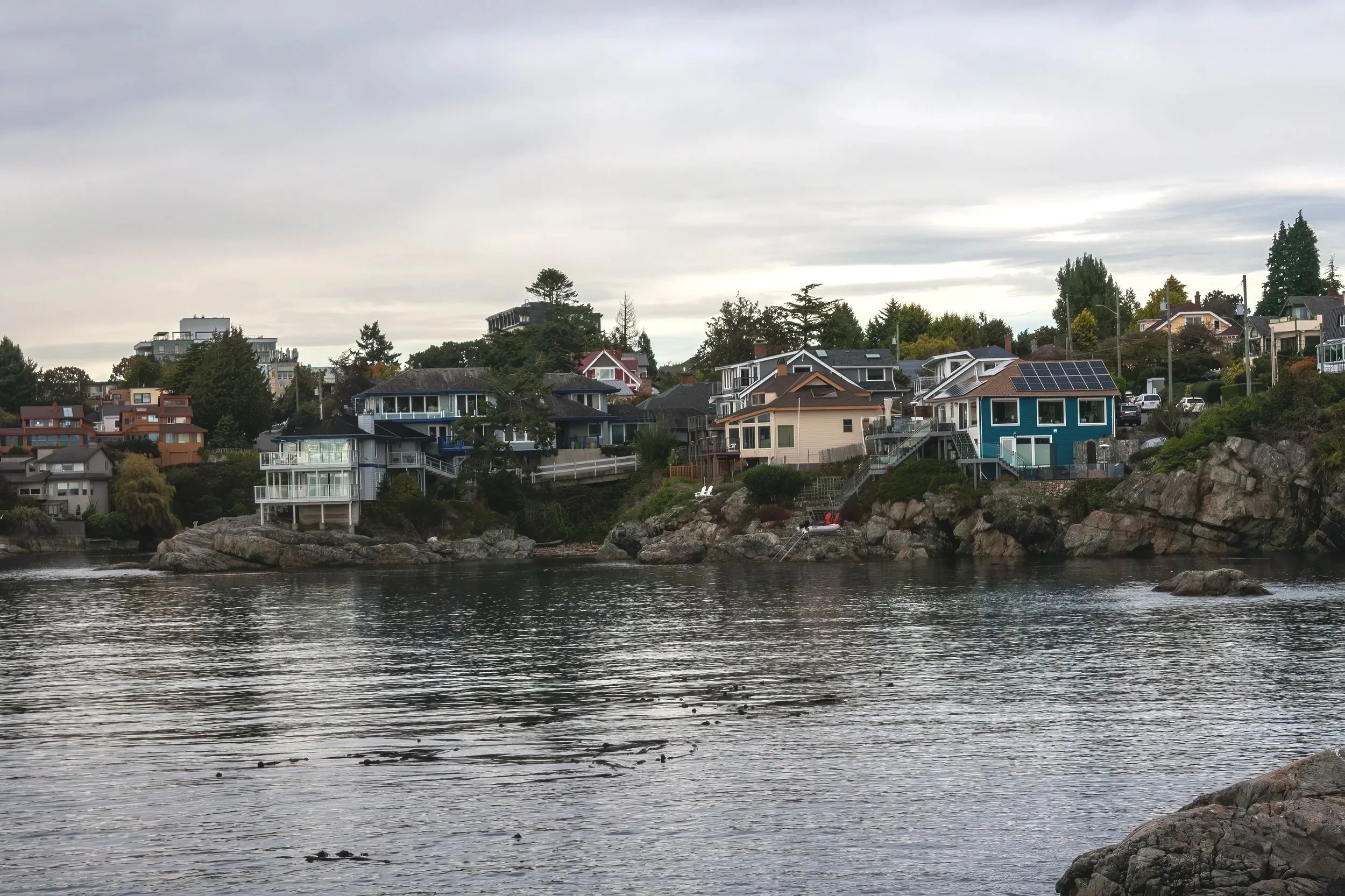 Houses on a hillside by a body of water, with trees and cloudy sky overhead.