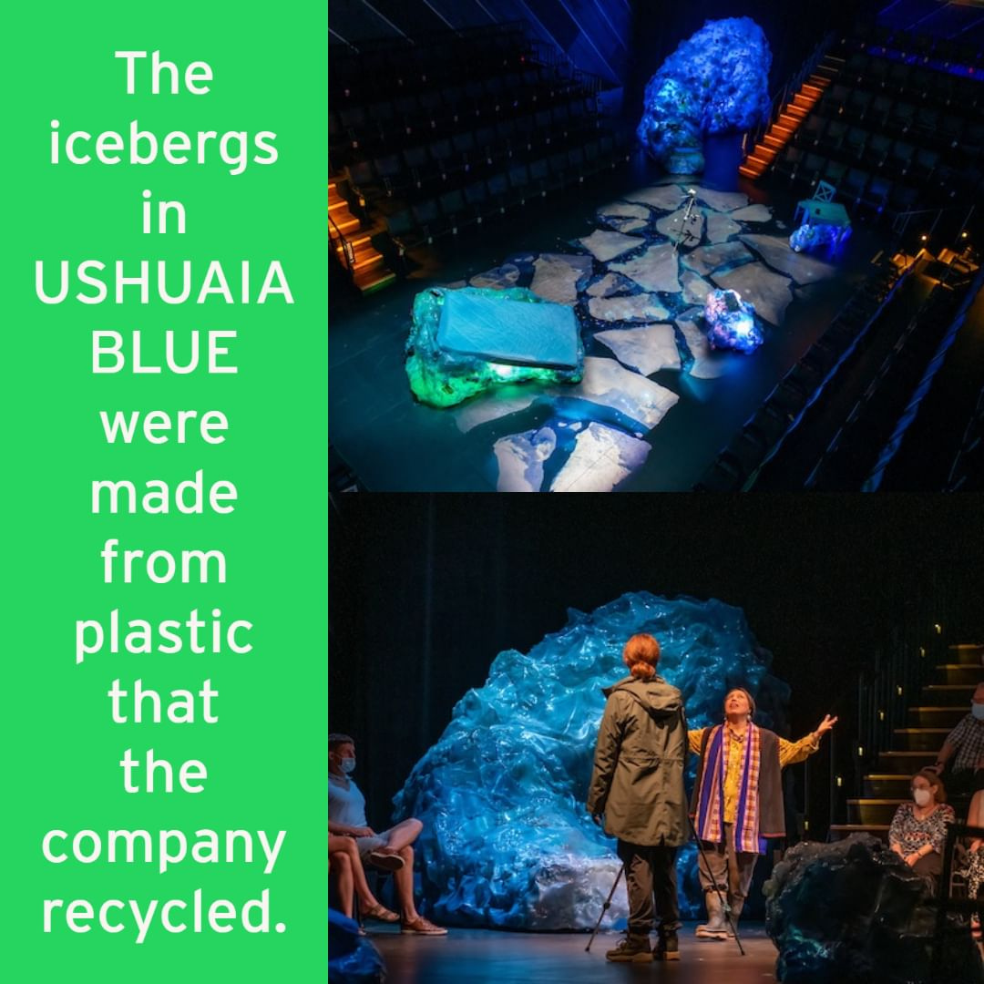 Two images of art installations in an indoor theater or auditorium. The top image shows iceberg sculptures illuminated with blue and green lighting, resembling glaciers. The bottom image shows a large, blue recycled plastic sculpture made to look like an iceberg, with people observing and talking about it.