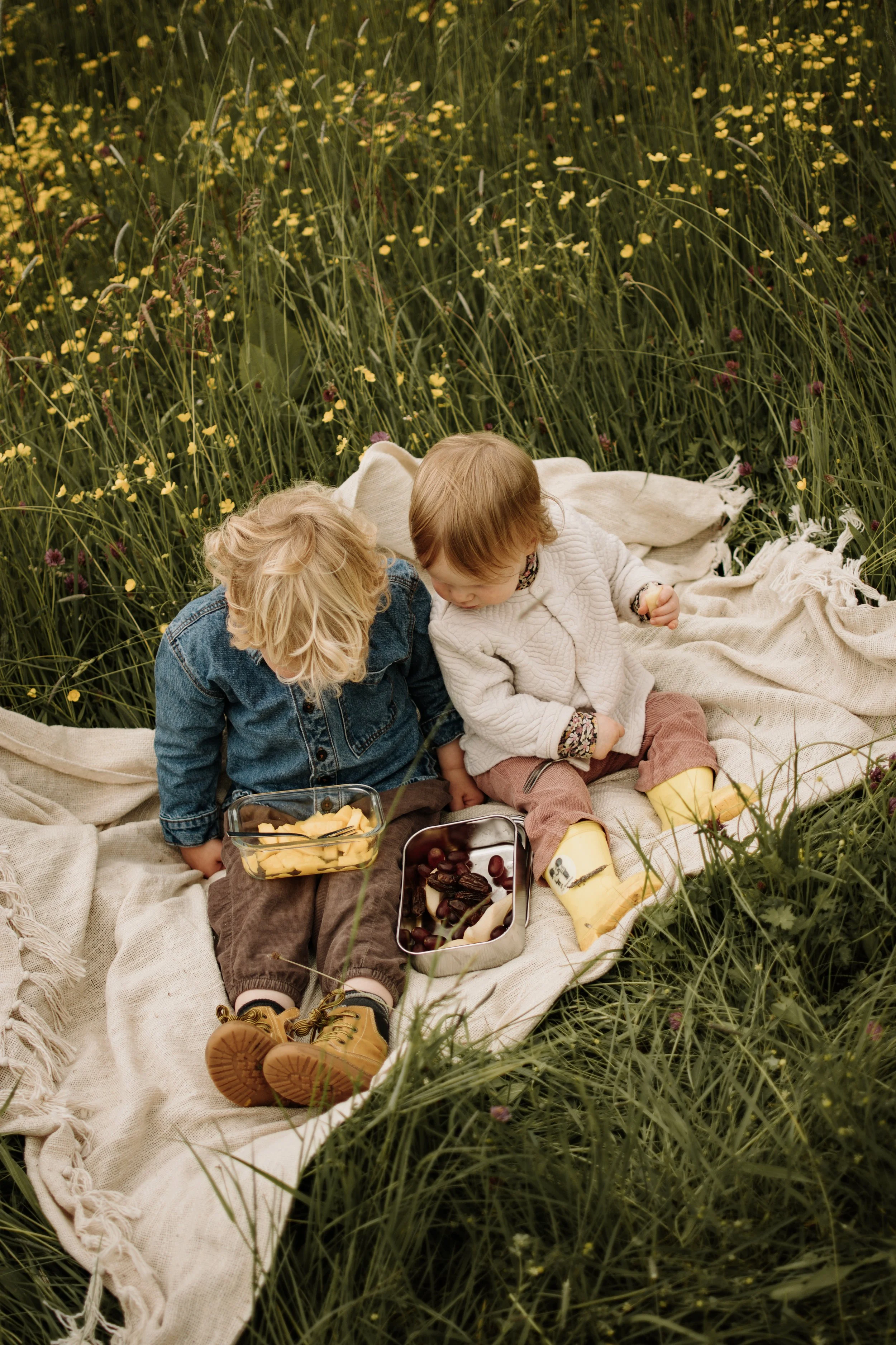 Twee kinderen zitten op een beige doek in een veld met gele en paarse bloemen, delen snacks, zoals kaas, druiven en chocolade, terwijl ze genieten van de buitenlucht.