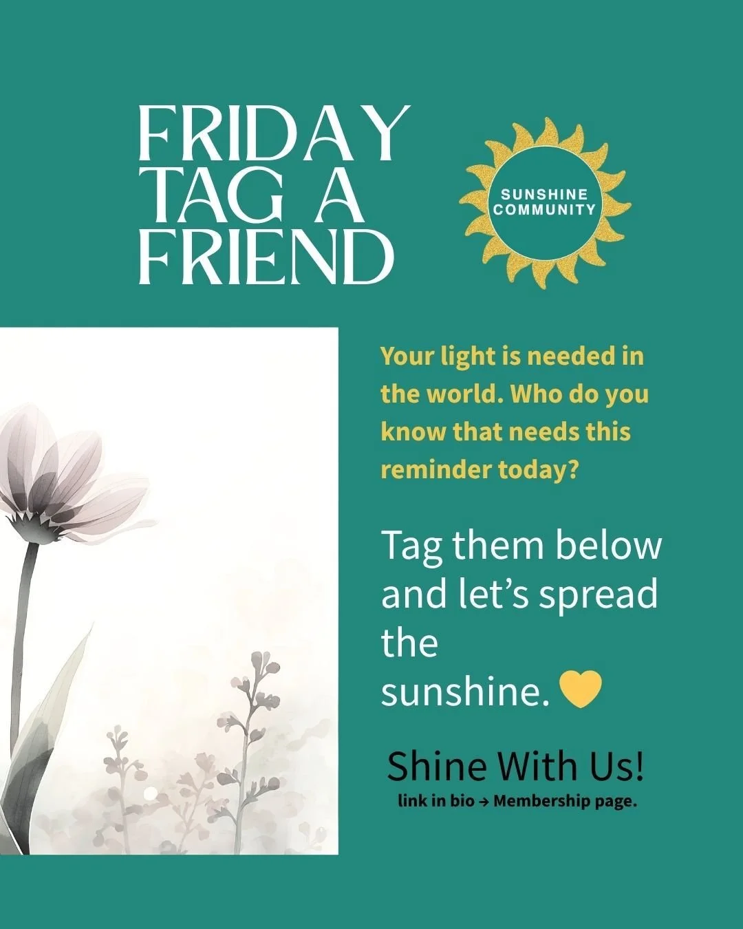 Friday - Tag a Friend:

&quot;Your light is needed in the world. &quot; - Sunshine Quote

Who do you know that needs this reminder today?

Tag them below and let's spread the sunshine. 💛

@sunshine.community
@saraelbertsunshinecommunity
#sunshinecom