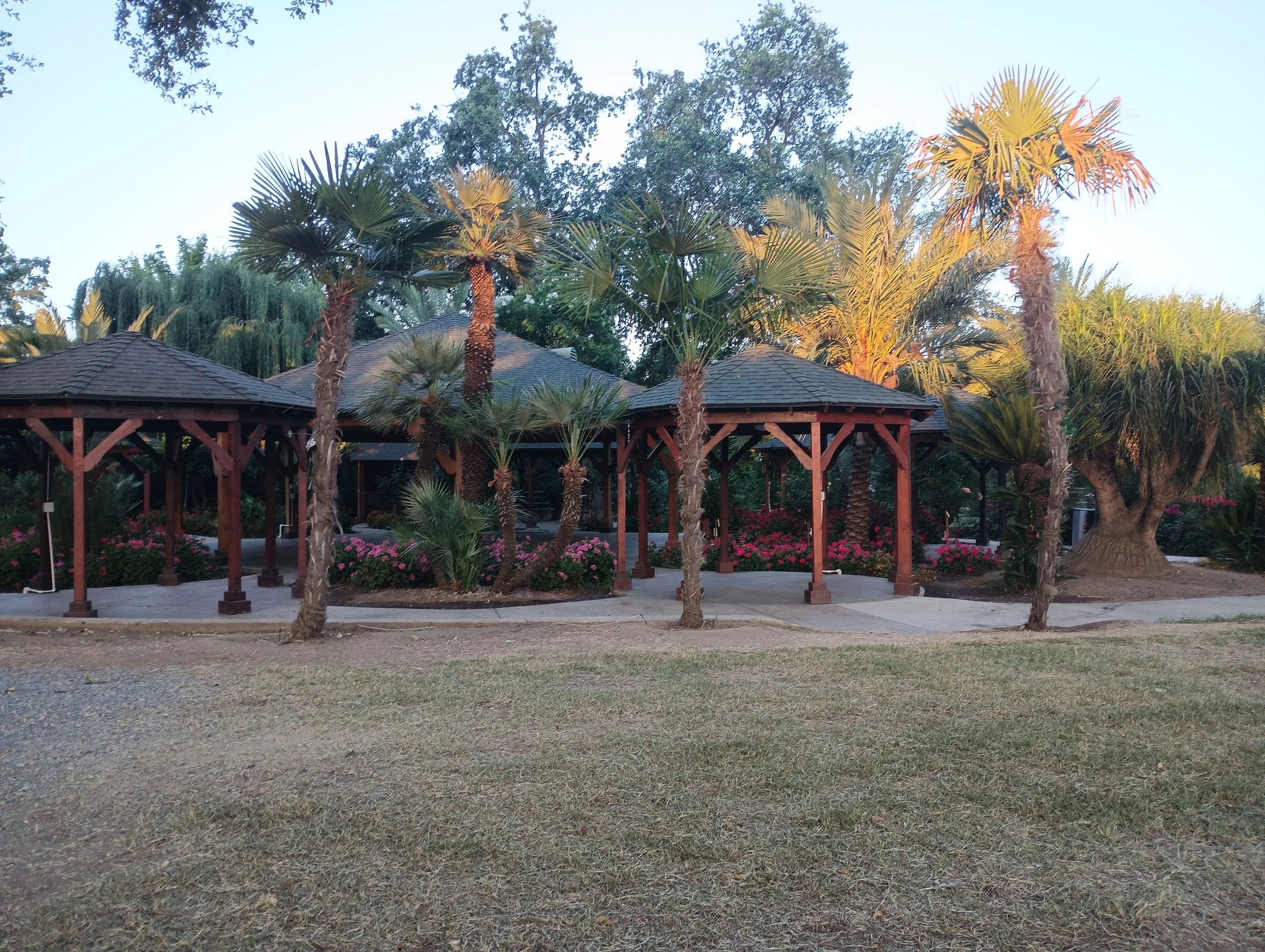 A park with multiple wooden pavilions, palm trees, and flower bushes, during the late afternoon or early evening.
